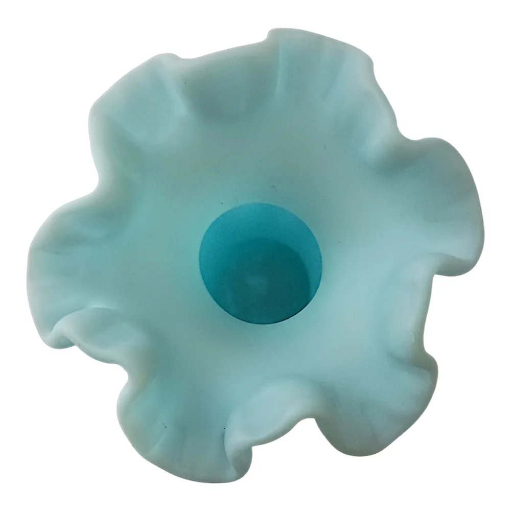 Fenton Satin Art Glass Vase Sky‎ Blue Melon Ruffled Edge Vintage Cottage Garden